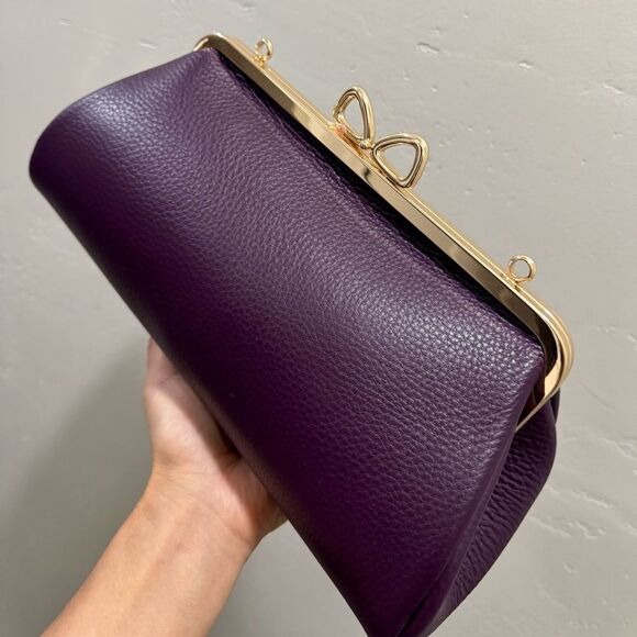 Purple Pebble Leather Handmade Bow Shaped Kisslock Baguette Bag/Crossbody - Picture 11 of 16